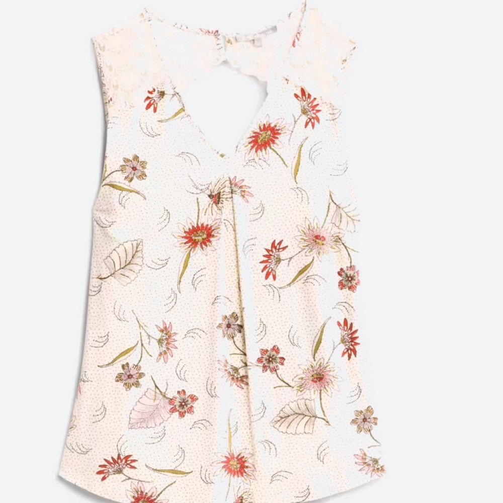 Cream colored, with burgundy and pink flower tank top